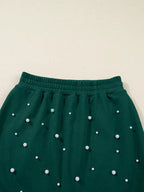 Pearl Embellished Drop Shoulder Pullover Elastic Waist Mini Skirt Set