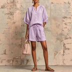 Women's Bubble-Sleeve Top & Drawstring Shorts Set
