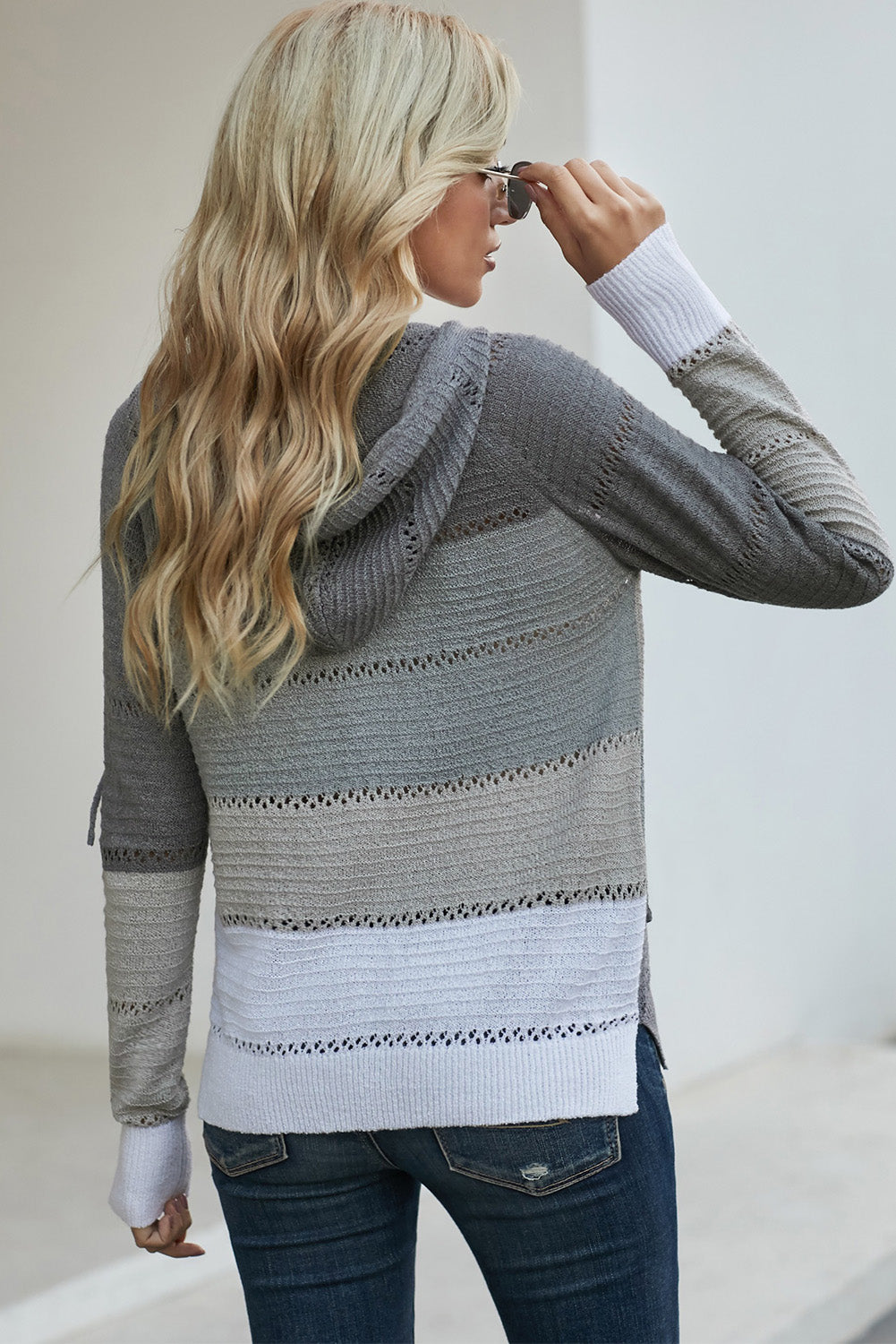 Multicolor Zipped Front Colorblock Hollow-out Knit Hoodie