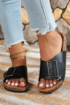 Color black Retro Geometric Print Buckle Strap Flat Slippers
