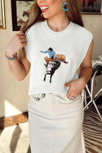 White Western Cowboy Embroidery Round Neck Sleeveless Sweater
