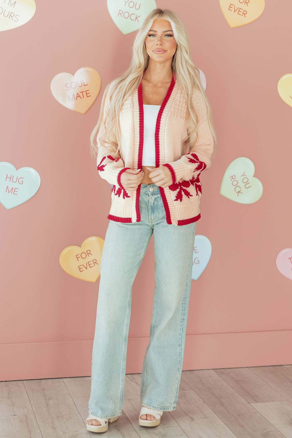 Apricot Bow Pattern Textured Open Front Baggy Cardigan