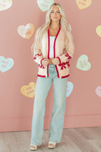 Apricot Bow Pattern Textured Open Front Baggy Cardigan