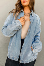 Myosotis Elastic Hem Collared Zip Up Denim Jacket