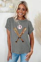 Medium Grey Sequin Baseball Pattern Corded Crewneck T Shirt