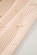 Pink Stripe Bow Knot Cuff Pearl Embellished Puff Sleeve V Neck Blouse