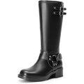 Dream Pairs Womens 9.5 Black Faux Leather 2" Heel Silver Buckle Motorcycle Boots