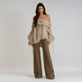 Retro Off-the-Shoulder Strap Bell-Sleeve Solid Color Chiffon Top