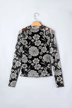 Brown Thumbhole Long Sleeve Floral Print Mesh Top