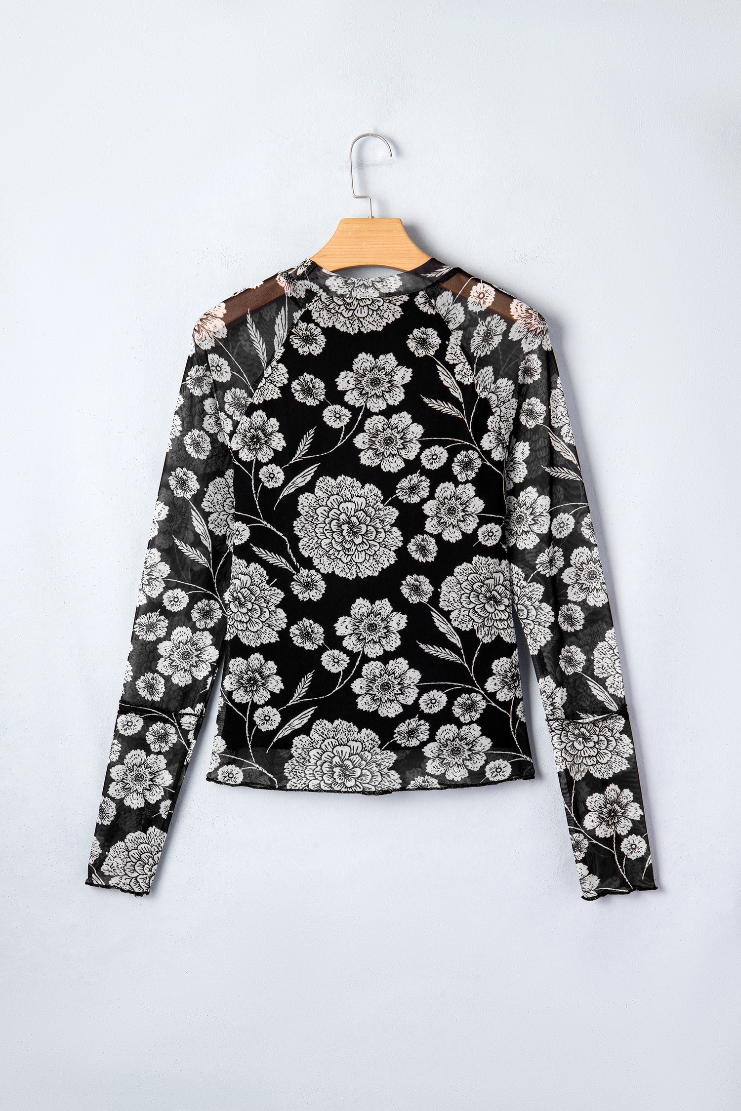 Brown Thumbhole Long Sleeve Floral Print Mesh Top