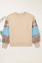 Smoke Gray Plaid Patchwork Sleeve Raw Seam Sweatshirt