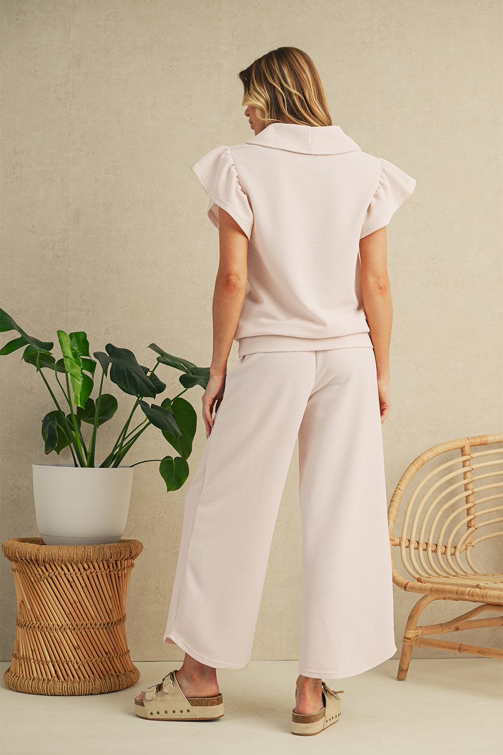 Pink Textured Ruffle Sleeve Zipped Top and Wide Leg Pants Set