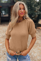 Light French Beige Solid Color Knit Short Puff Sleeve Sweater