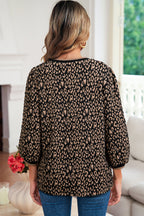 Black Leopard Print Puffy Bracelet Sleeve Contrast Trim Round Neck Top
