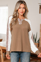 Dark Khaki Twisted Ribbed Leopard Lace Contrast Patchwork Long Sleeve Top