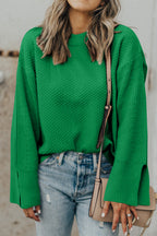 Parchment Solid Textured Knit Split Cuff Drop Shoulder Loose Sweater