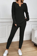 Grass Green Ribbed Notched Neck Knit Long Sleeve Leggings Two Pieces Lounge Set