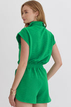 Bright Green Textured Short Sleeve Half Zip Drawstring Waist Romper