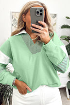 Moonlight Jade Colorblock Striped Patchwork Collar V Neck Plus Size Sweatshirt