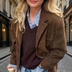 Suede-Look Blazer Jacket — V-Notch Lapel, Button-Front Casual Coat