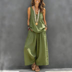 Women’s Cotton Linen Sleeveless Tank Top and Wide-Leg Pants Set