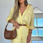Women's Casual Long-Sleeve Shirt & Shorts Set – Cotton 2-Piece