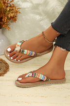 Khaki Bohemian Vacation Straw Woven Rainbow Strap Flip Flops