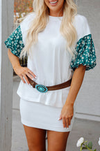 White Contrast Floral Puff Sleeve Oversized Top