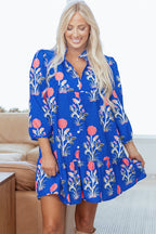 Blue Floral Print Button Detail 3/4 Puff Sleeve Ruffle Hem Dress