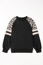 Peach Blossom Leopard Print Colorblock Raglan Sleeve Sweatshirt