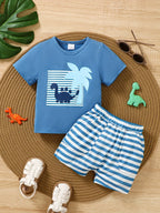 Children's Dinosaur Print Tee & Striped Shorts Set