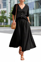 Women's Cotton-Linen V-Neck Button-Up Top & Long Skirt Set