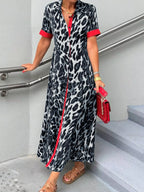 Leopard Print Button-Down Dress with Contrast Trim
