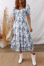 Sky Blue Smocked Bodice Short Puff Sleeve Tiered Floral Midi Dress