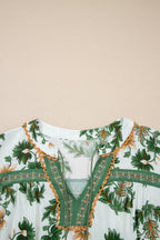 Green Plus Size Floral Printed Contrast Patchwork Detail Tassel Tie 3/4 Sleeve Blouse