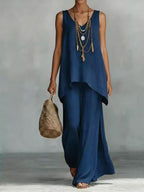 Women's Bohemian Wide-Leg Pants & V-Neck Vest Set – 3D Print