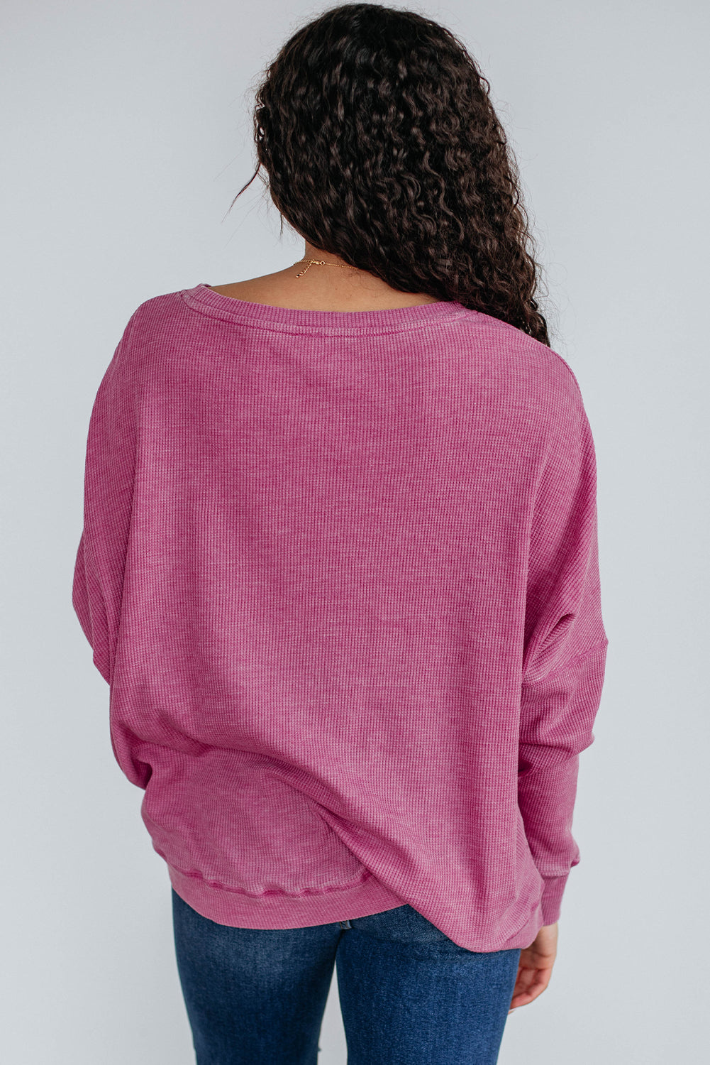 Dark Grey Waffle Knit Patchwork Long Sleeve Loose Top