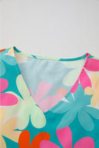 Pink Floral Print Bubble Sleeve V Neck Peplum Blouse