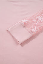 Light Pink Solid Color Bow Textured Patchwork Long Sleeve Tee