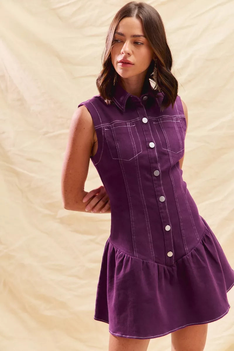 SO ME Button Down Sleeveless Collared Game Day Mini Dress