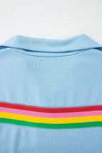 Sky Blue Rainbow Colorblock Collared Short Sleeve Top 2 Piece Shorts Set