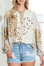 Multicolor Floral Patchwork Lantern Sleeve Cropped Shirt