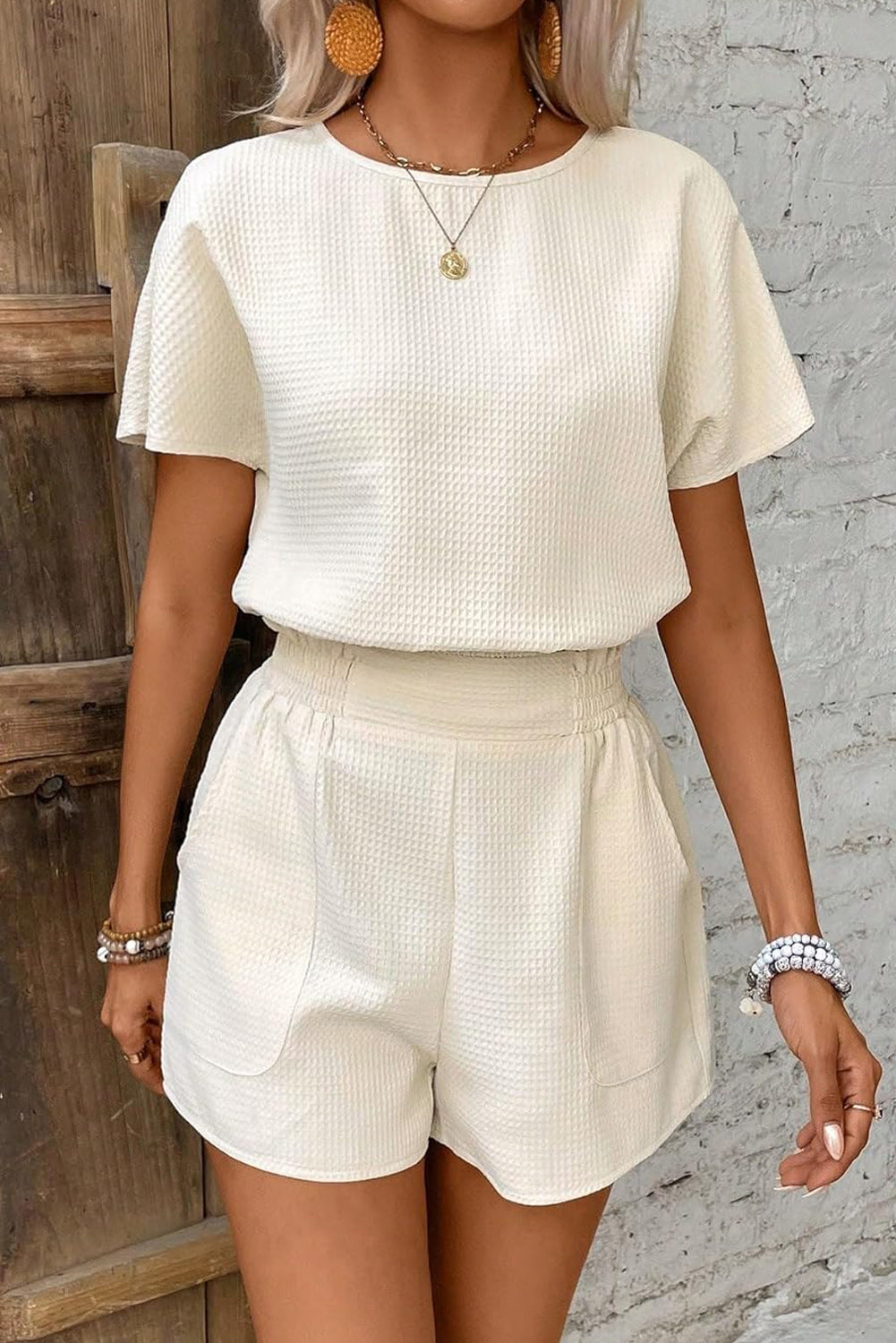 Beige Solid Textured Top and Shorts Set