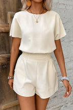 Beige Solid Textured Top and Shorts Set