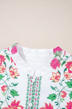 White Floral Print Half Button Mandarin Neck 3/4 Sleeve Maxi Dress