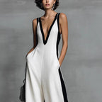 Women's Color-Block Sleeveless V-Neck Wide-Leg Jumpsuit – French Style Long Pants