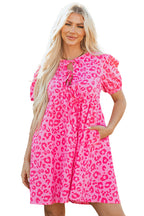 Rose Leopard Puff Sleeve Tie Front High Waist Mini Dress