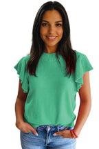 Sachet Pink Solid Color Ribbed Trim Round Neck Ruffle Short Sleeve Sweater