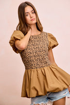 BiBi Rib Texture Leopard Puff Sleeves Bubble Peplum Top