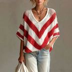 Women's V-Neck Knit Sweater – Loose Fit, Drop Shoulder, 3/4 Sleeve
